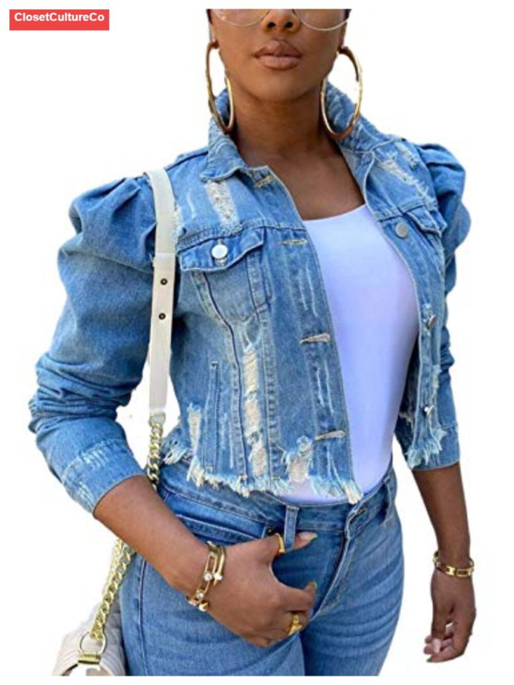 Puff Sleeve Denim Crop Top Long Sleeve Frayed Hem Jean Jacket